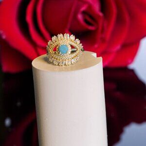Gold Plated 925 Sterling Evil Eye Ring Turquoise Crystal Adjustable Boho Jewelry